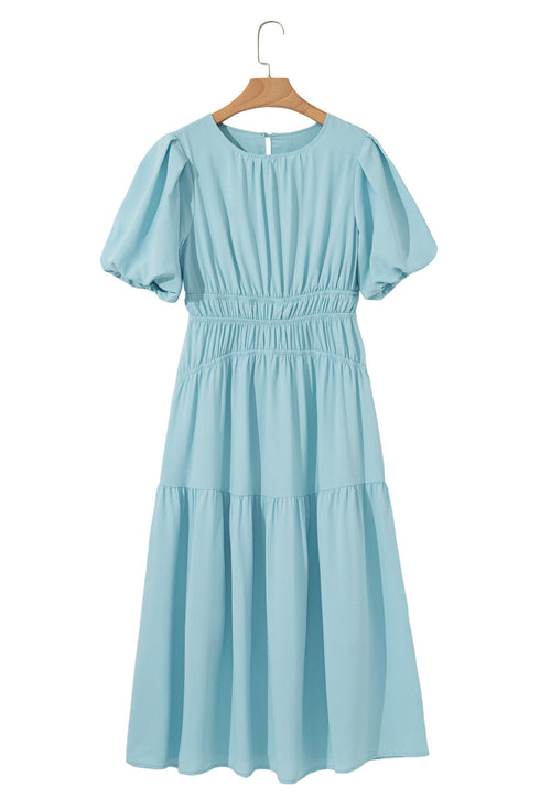 Puff Sleeve Pleated High Waist Flowy Long Dress